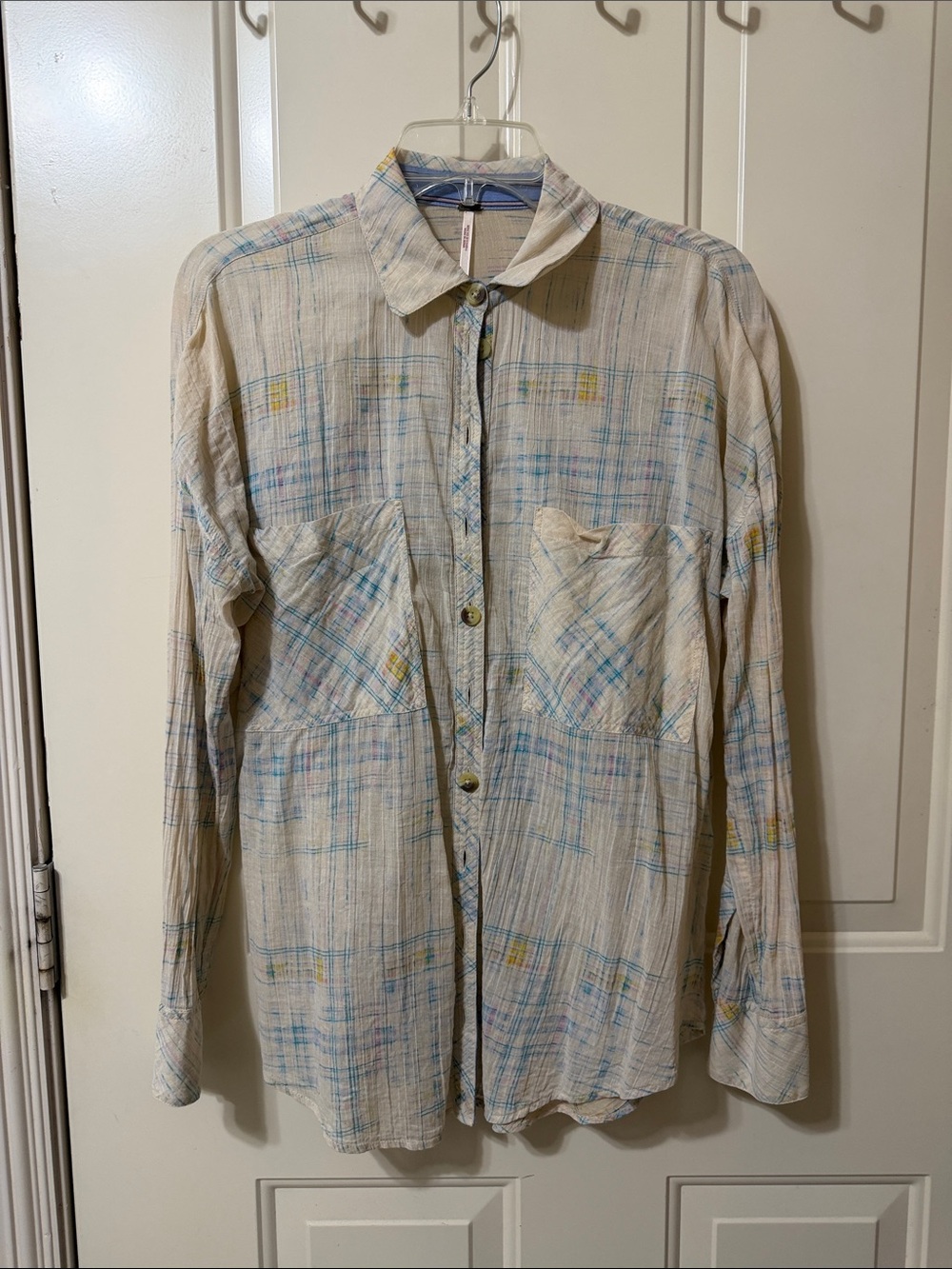 Free People Cream Plaid Button-Front Shirt Jacket with Blue & Yellow Accents